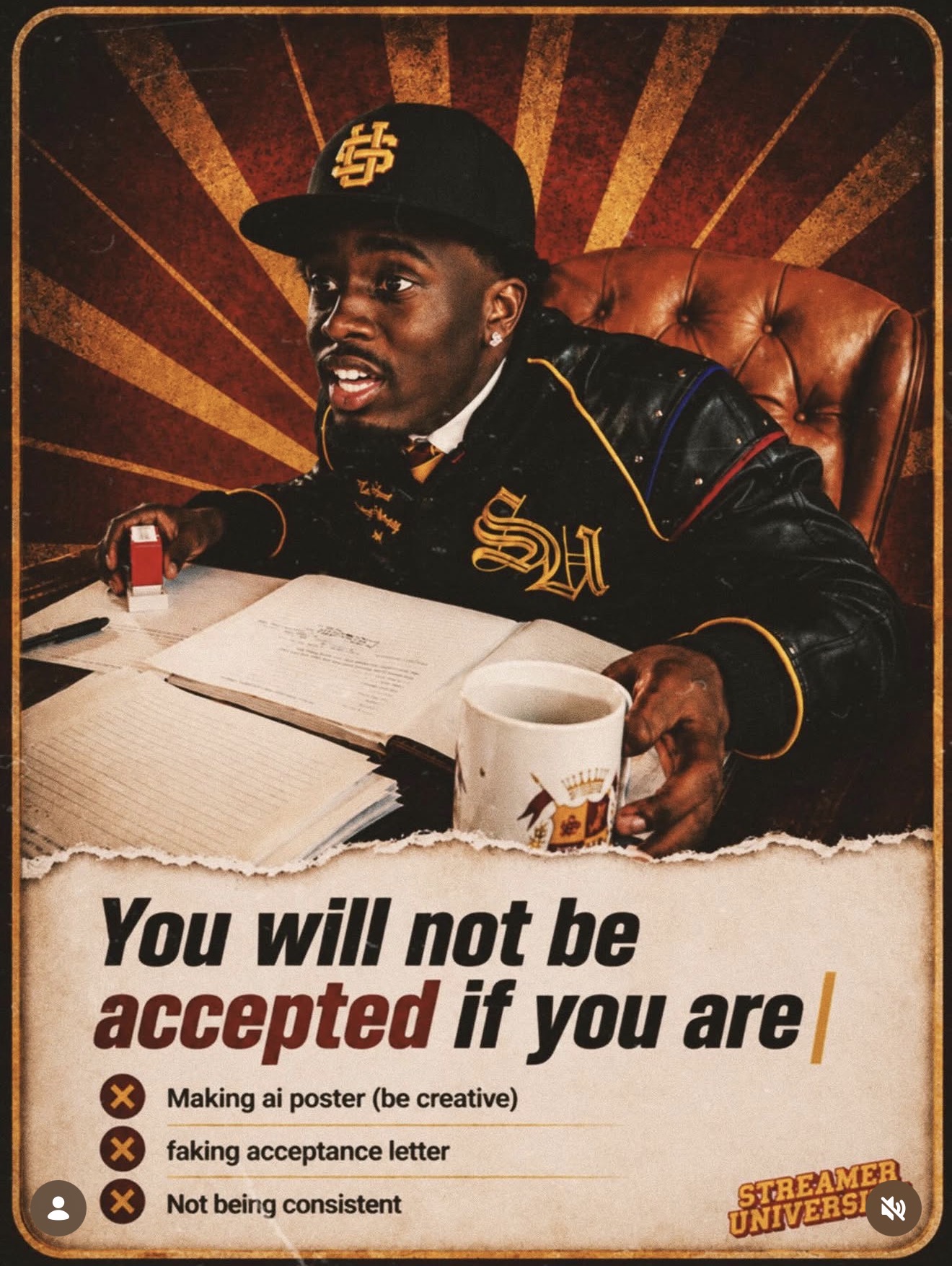 You will not be accepted if you are: making AI poster, faking acceptance letter, not being consistent — Streamer University